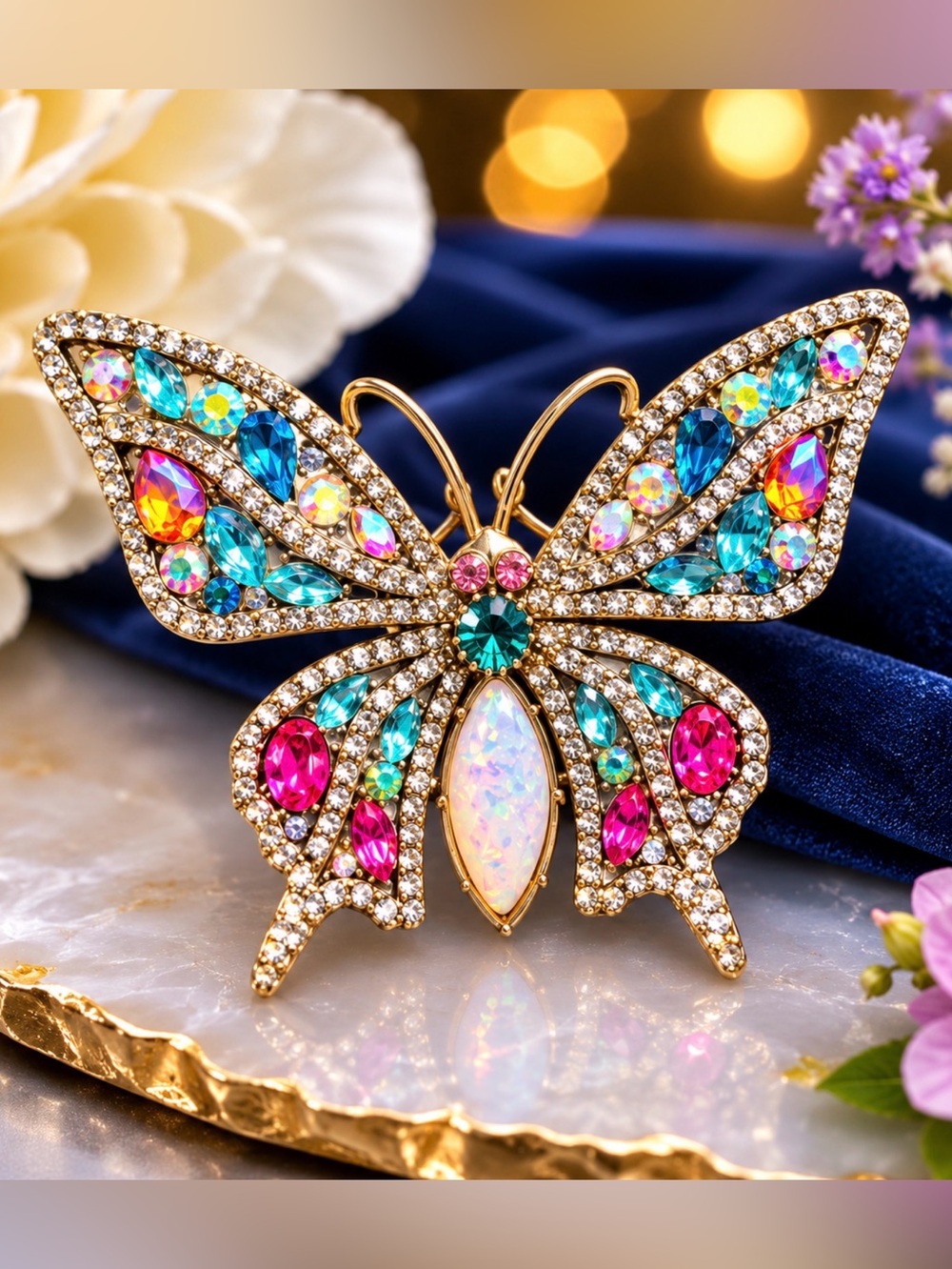 🤩Brooch or Pendant Multicolor Glass Stone Butterfly Gold Tone